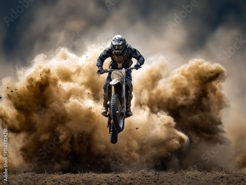 Witness the adrenaline rush as a dirt biker launches into the air, leaving a trail of dust and excitement in this dynamic off-road moment captured in stunning detail.