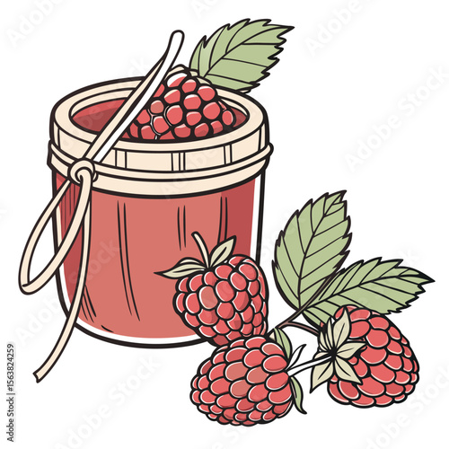 Homemade raspberry jam in a jar with fresh raspberries illustration style