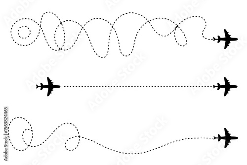 Black airplanes on dotted flight paths travel journey