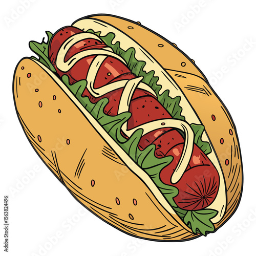 Delicious hot dog with lettuce and sauce in a golden toasted bun