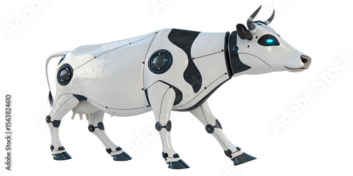 A futuristic robotic cow walks steadily, isolated on transparent background