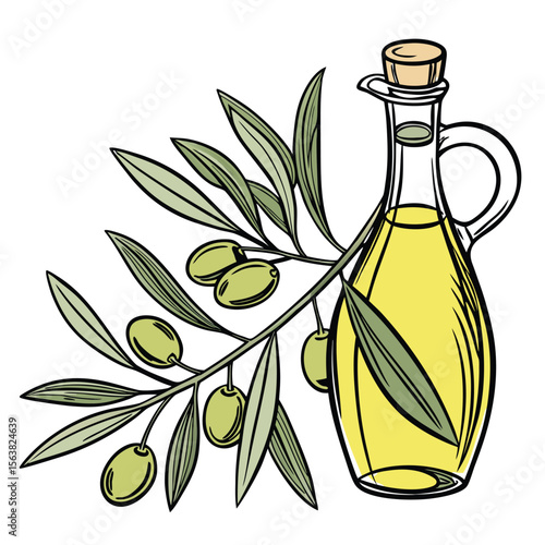 Olive oil in a glass bottle with olives and leaves decoration