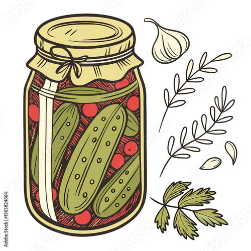 Canned pickles illustration with dill, garlic, and spices, perfect for recipes