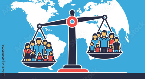 Global population imbalance concept illustration: A scales graphic showing unequal family sizes against a world map background, symbolizing demographic disparities and social equity issues.