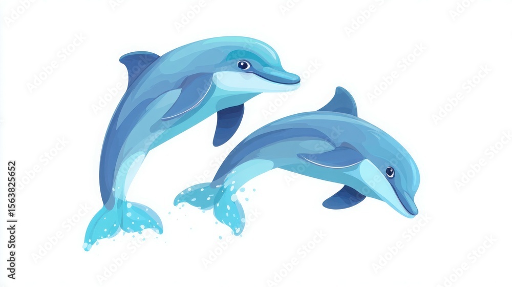 Fototapeta premium Cute Flat Blue Dolphins Jumping – Cartoon Vector Illustration