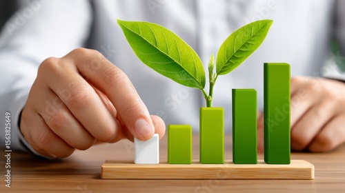 Hands Arranging Green Growth Blocks with a Plant Sprout on Wooden Base
