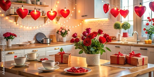 Wallpaper Mural Drone shot: Valentine's Day spreadâ€”roses, gifts, coffee, creating a romantic room ambiance. Torontodigital.ca