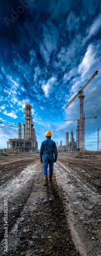 A construction worker walks through a vast industrial site, surrounded by towering structures and cranes under a dramatic sky, 