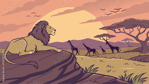 African Wildlife Illustration: Lion and Giraffes at Sunset