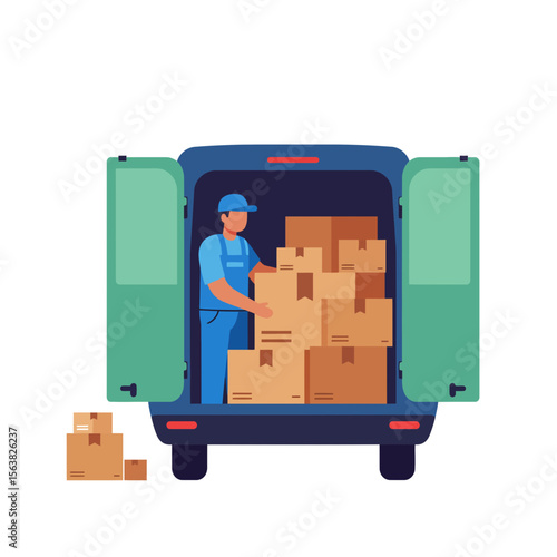 Loading Boxes: A worker meticulously loads cardboard boxes into a delivery truck. A simple yet informative vector illustration ideal for logistics, moving, and delivery themes. 