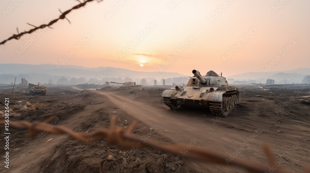 Fototapeta premium Destroyed Tanks in Smoky Battlefield at Dawn