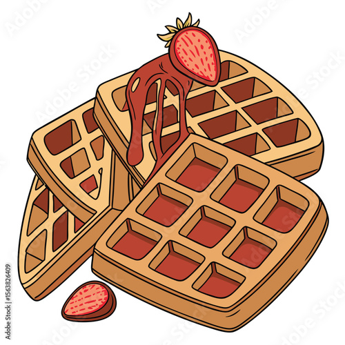 Delicious golden waffles stacked high with fresh strawberries and sweet strawberry sauce