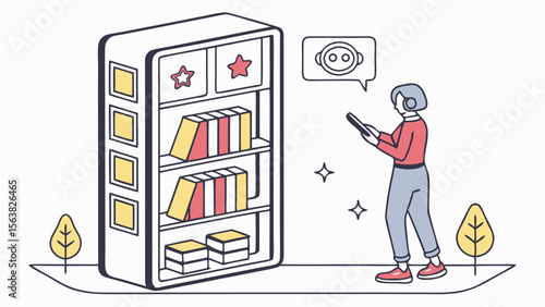 Digital Library Access: Woman Using Tablet with Virtual Bookshelf