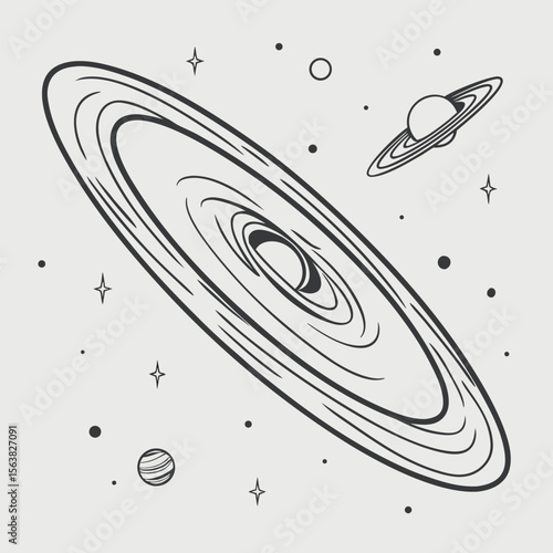 Minimalist Sketch of a Galaxy with Stars, Planets and Ringed Planet