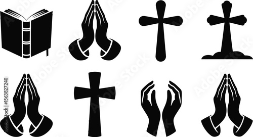 Religious symbols book praying hands crosses religion