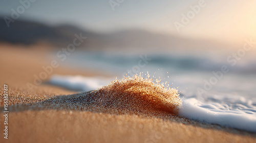 Golden sand meets the gentle tide in this serene beach landscape. A closeup of texture  soft light conveys tranquility. Perfect for travel or relaxation themes.