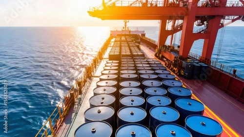 Cargo ship with oil barrels at sea