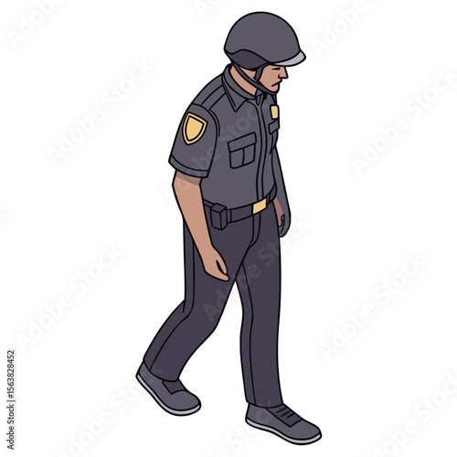 Illustration of a Police Officer in Uniform Walking with a Somber Look