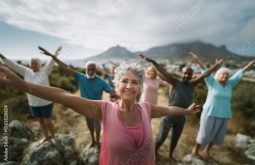 Vitalidad y alegría mientras las personas mayores disfrutan del bienestar al aire libre. Un grupo feliz de adultos mayores se ejercita al aire libre con los brazos extendidos.