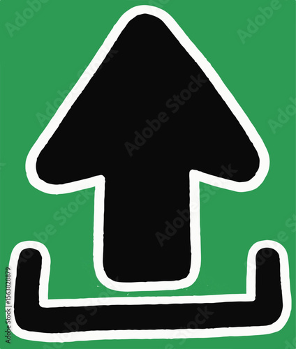 A black upload arrow with a white outline, pointing upwards from a horizontal bar, set against a green background, symbolizing data transfer or submission.
