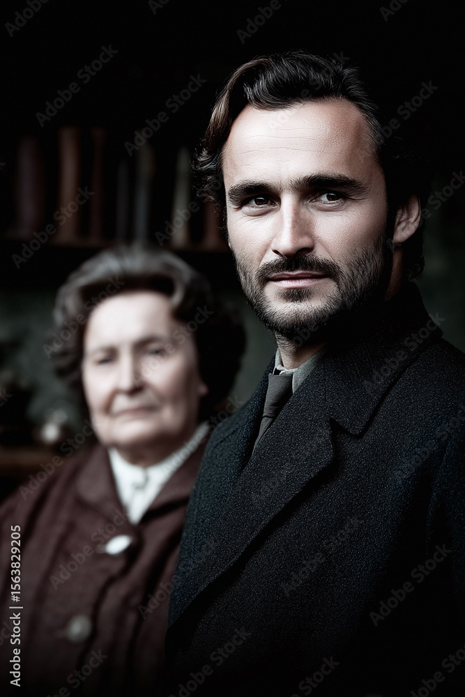 Obraz premium Striking portrait of a man with an older woman in the background. Evokes a sense of history, family, and legacy. Perfect for projects needing a timeless, classic feel.
