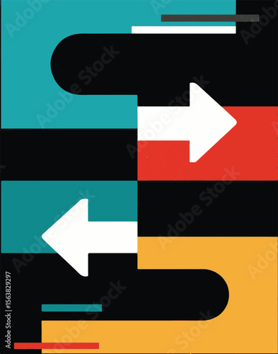 
A vibrant, abstract design with opposing arrows and curved shapes in blue, red, yellow, and black, symbolizing direction, flow, interaction, or a cycle.