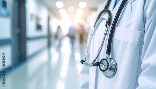 Doctor's white coat and stethoscope hanging with blurred hospital hallway background featuring light and patient figures
