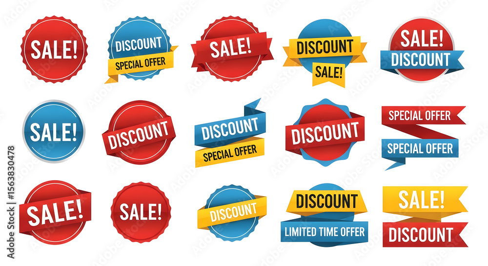 Fototapeta premium Discount Sale Badges Red, Blue, and Yellow Sale Labels for Marketing