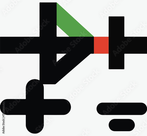 A graphic blending mathematical and electronic symbols, including a plus sign, a minus sign, a division symbol, and a triangular element with color accents, representing various operations or componen