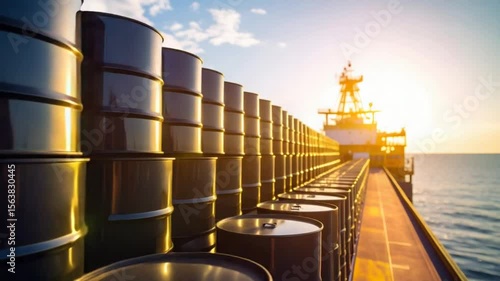 Oil barrels on ship deck sunrise