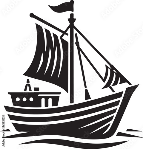 Wooden boat silhouette vector illustration on white background