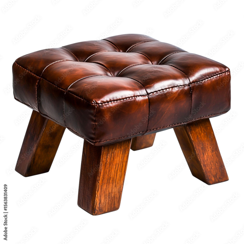 Obraz premium Elegant Brown Leather Ottoman with Stylish Tufted Design and Wooden Legs