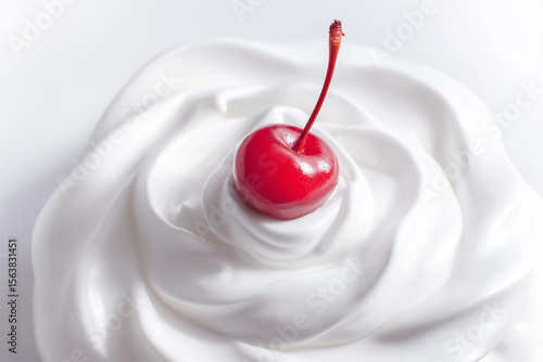 Glossy cherry on top of a swirl of whipped cream, white background