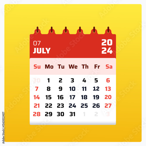 July 2024 calendar. Red calendar square. 2024 Weekend sunday saturday format. Template layout for planning. Calendar dates july 2024 version. Vector illustration.

