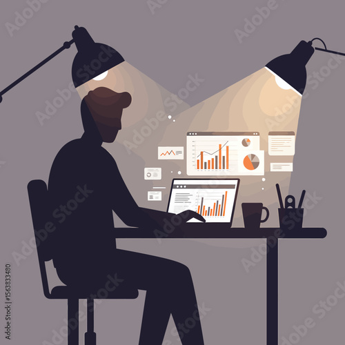 Silhouette of a person working late at night on a laptop, illuminated by spotlights, surrounded by data visualizations.