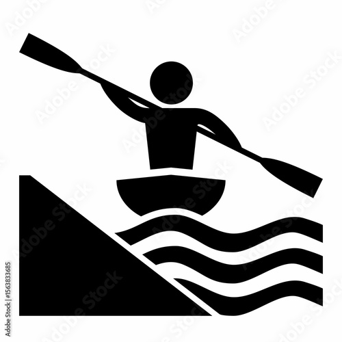 kayaking, weir on the river, place to anchor, water sport, activity, black icon, symbol, vector