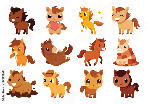 Vector art of twelve adorable cartoon ponies in various poses, isolated on white background