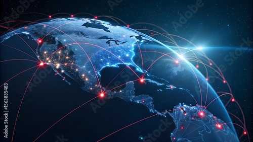 World map on a technological background, glowing lines symbols of the Internet, radio, television, mobile and satellite communications.Global network connection over the world. 3d rendering 