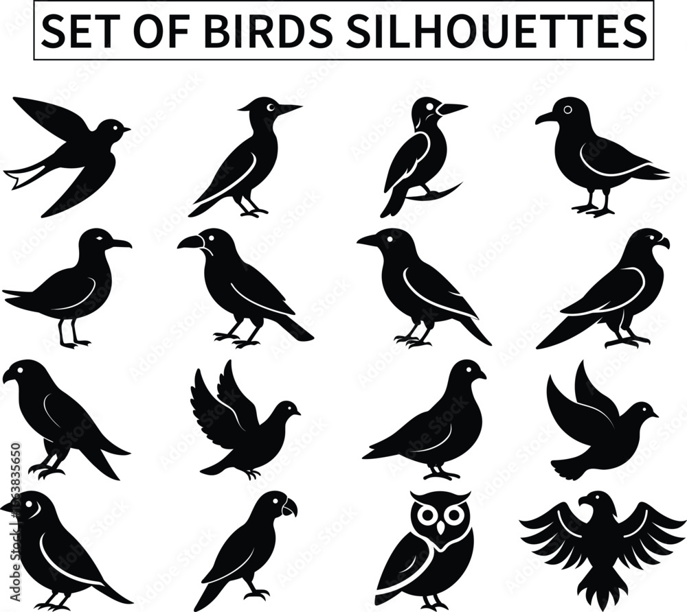 Fototapeta premium Set of Bird Silhouettes – Flying and Perched Bird Vector Collection for Nature and Wildlife Designs