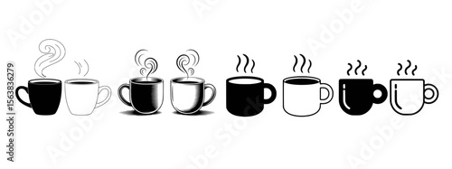 Black and white coffee cups with steam mugs hot beverages