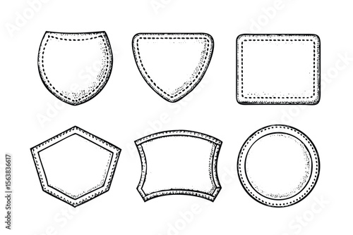Vintage Patch & Badge Templates Vector Engraving Set. Detailed Monochrome Shield & Banner Icons. Stipple & Hatching Illustrations
