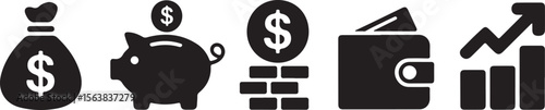 Finance icons. Business Icons, money signs. Money silhouette collection. Wallet with cards icon. Coins silhouette icon. Growth chart. Moneybag or stash.