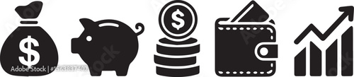 Finance icons. Business Icons, money signs. Money silhouette collection. Wallet with cards icon. Coins silhouette icon. Growth chart. Moneybag or stash.