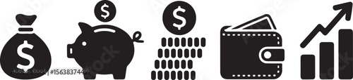 Finance icons. Business Icons, money signs. Money silhouette collection. Wallet with cards icon. Coins silhouette icon. Growth chart. Moneybag or stash.