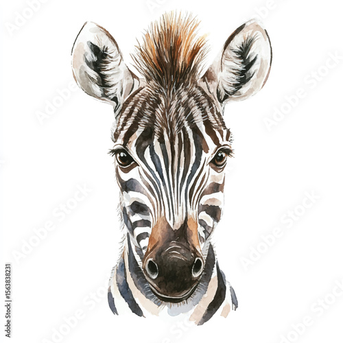 Watercolor Portrait of a Zebras Striking Face Frontal View