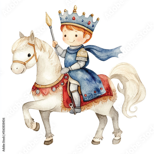 Watercolor Prince in Blue Riding a White Horse with Lance