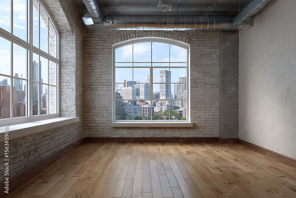 Fototapeta premium Bright spacious loft interior with large windows overlooking city skyline image