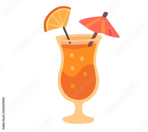 Bicchiere con cocktail arancione, con bollicine, con ombrellino, fetta agrumi, calice pronto da bere