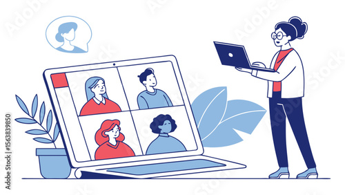 Remote work team meeting illustration with woman and video call participants