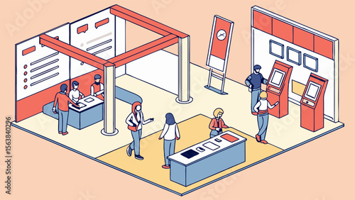 Modern Isometric Trade Show Booth Illustration: Visitors Engaging with Interactive Displays, Kiosks, and Staff at a Business Exhibition Event